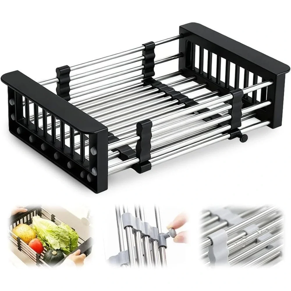 Extend Kitchen Sink Drain Basket Retractable‎ Adjustable Gray/Steel New